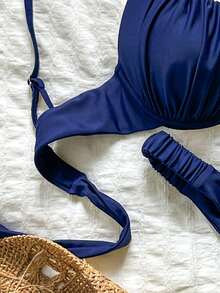Bonvoyette Hard Cup Steel Support Spaghetti Strap Ruched Sexy Bikini Set - Navy Blue - View 6