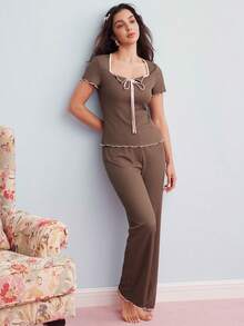 Elorette Casual Contrast Color Short Sleeve Top & Pants Women Pajama Set Outfit - Coffee Brown - View 5