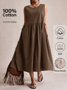 Freevana Plus Size Women Solid Color Round Neck Casual Boho Sleeveless Dress Vacation Brown Summer - Coffee Brown - View 1