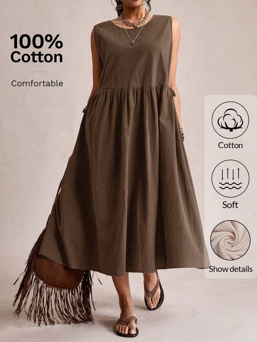 Freevana Plus Size Women Solid Color Round Neck Casual Boho Sleeveless Dress Vacation Brown Summer - Coffee Brown - View 1