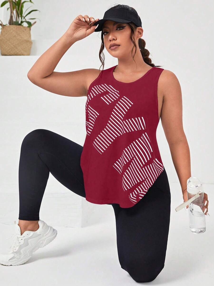 SHEIN Rhythm Era 大尺碼女款字母印花休閒健身運動背心上衣