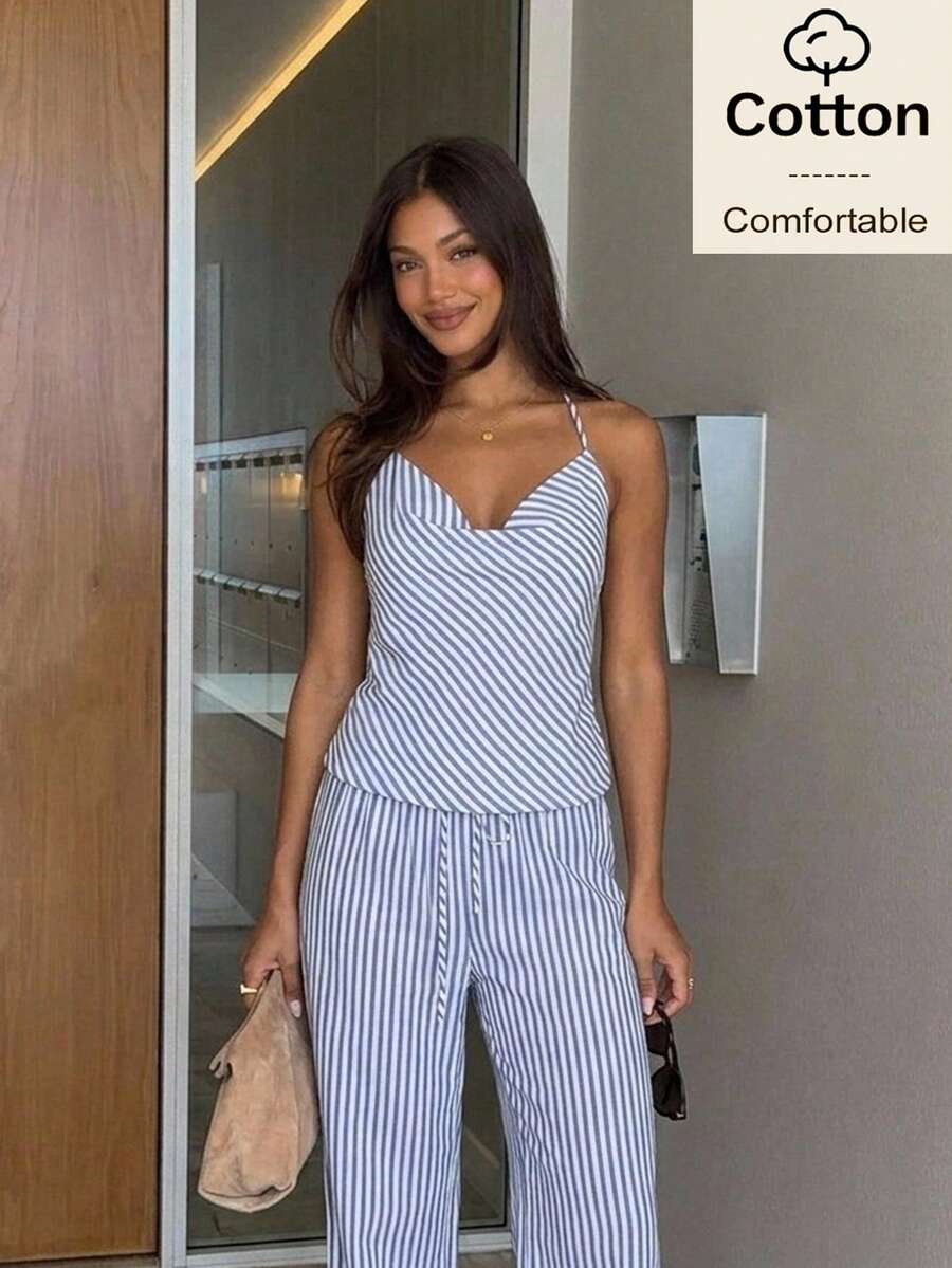 Siren Gaze Cotton Summer Women Blue White Striped Halter Tie Top And Low Rise Wide Leg Pants Casual 2 Pieces Set Y2k Holiday Sexy Festival Vacation Boho Western