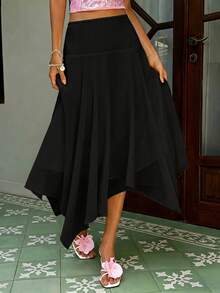 MainGRL Falda de gasa con bajo asimétrico y fluido, adecuada para vacaciones de primavera/verano - Negro - Ver 5