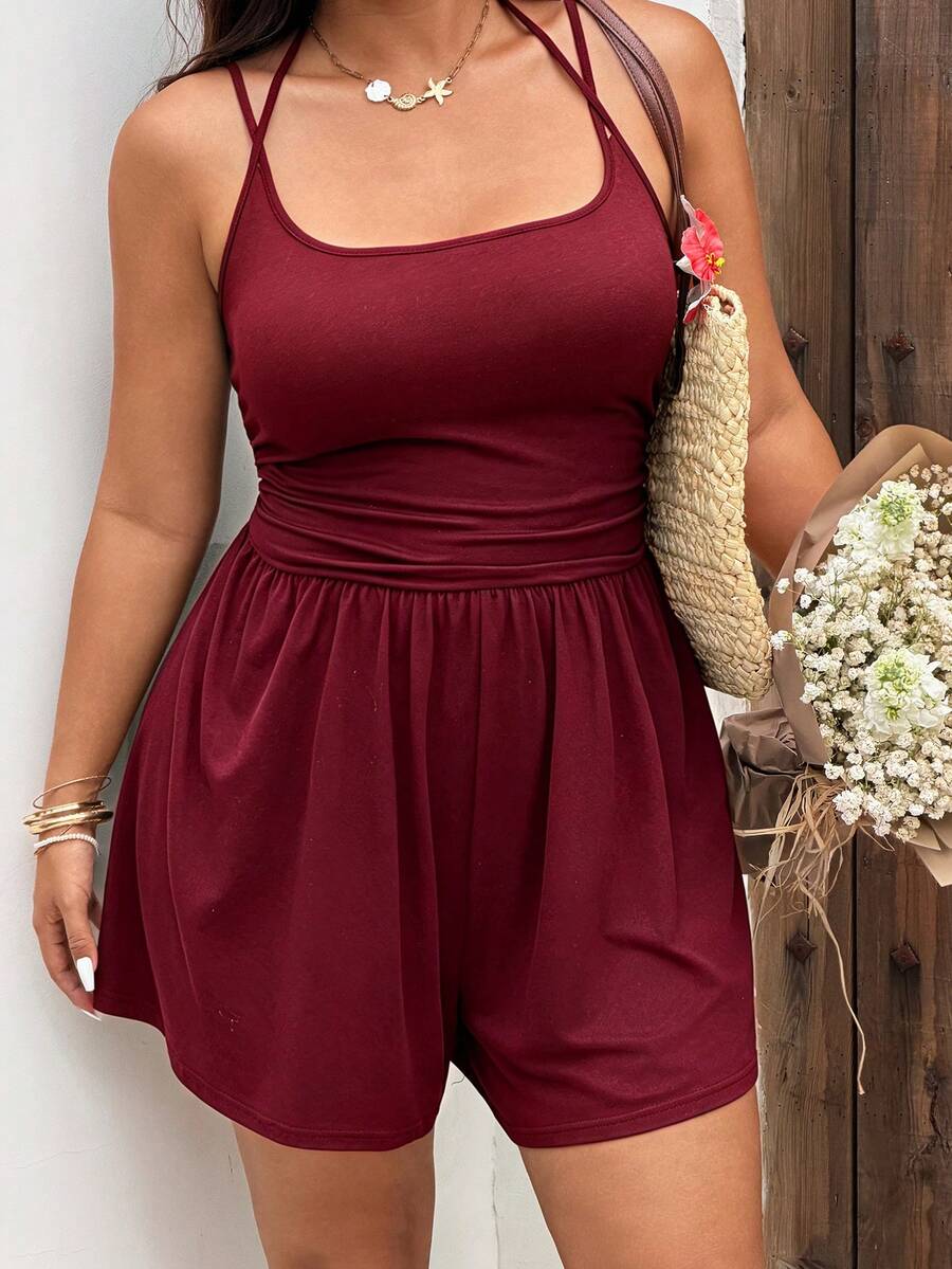 Sunnyshic Casual Elegant Lace-Up Strap Versatile Minimalist French Style Sleeveless Shorts Skirt Jumpsuit Summer Black Plus Size Women's Romper - Burgundy - View 1