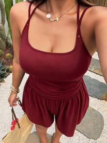 Sunnyshic Casual Elegant Lace-Up Strap Versatile Minimalist French Style Sleeveless Shorts Skirt Jumpsuit Summer Black Plus Size Women's Romper - Burgundy - View 4