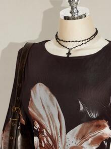 SHEIN ICON 大尺碼女款秋季長袖洋裝 Y2K復古大花朵網紗喇叭袖性感節日日常穿搭洋裝 - 彩色 - 查看 5