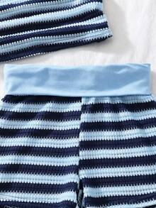 SHEIN Sparklyn 2pcs/Set Setelan Dua Potong Gaya Liburan Pantai Anak Perempuan, Terbuat dari Kain Rajut Warna Blok dengan Hiasan Bintang Tenun, Cocok untuk Perjalanan dan Liburan - Biru - View 5