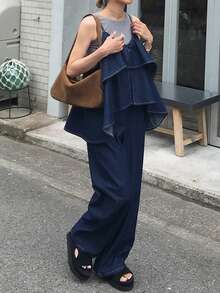 FRIFUL 女款時尚百搭荷葉邊下擺寬鬆寬腿牛仔吊帶褲 校園秋季款 - 藍色 - 查看 4