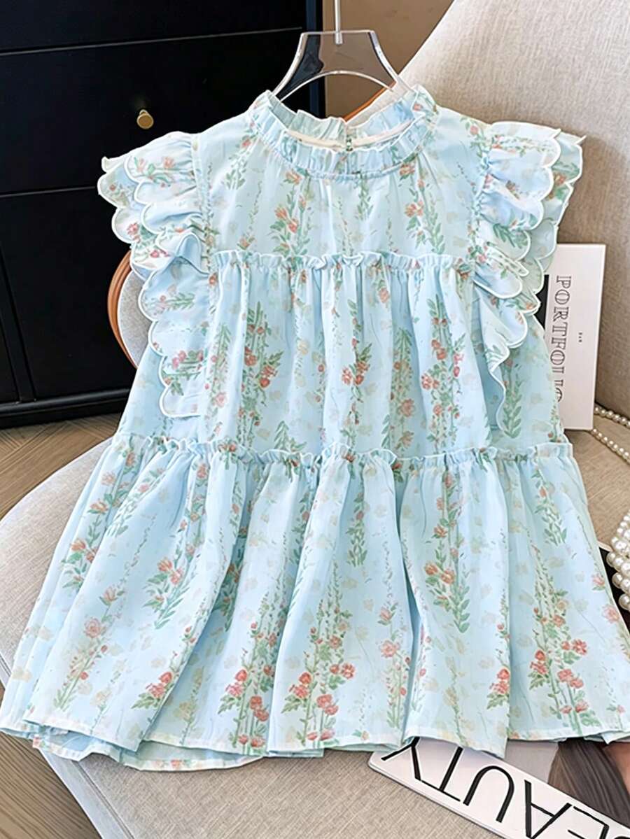 GlowEve 女款高領短袖碎花百褶甜美上衣 - 淺色水洗藍 - 查看 1