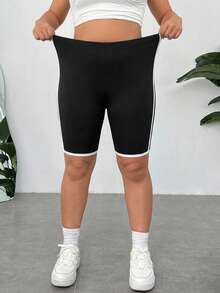 SHEIN EZwear 大尺碼女款下擺彈性腰休閒基本款短褲 - 黑色 - 查看 4