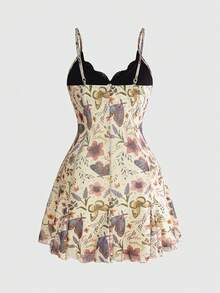 ROMWE Fairycore Dark Floral Mori Style Hippie Romantic Fairy Court Gothic Print Loose Fit Slimming Plus Size Women's Cami Mini Dress Dinner Carribean Pastel Summer - Beige - View 2