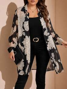 Chikora Plus Size Women's Spring Summer Autumn Casual Elegant Vacation Style Floral Print Sheer Mesh Long Shirt Dinner Black - Multicolor - View 3