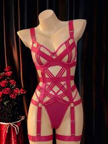 SHEIN Wire-Free Bra, Thong, Leg Bands 3-Piece Set - Hot Pink - View 5