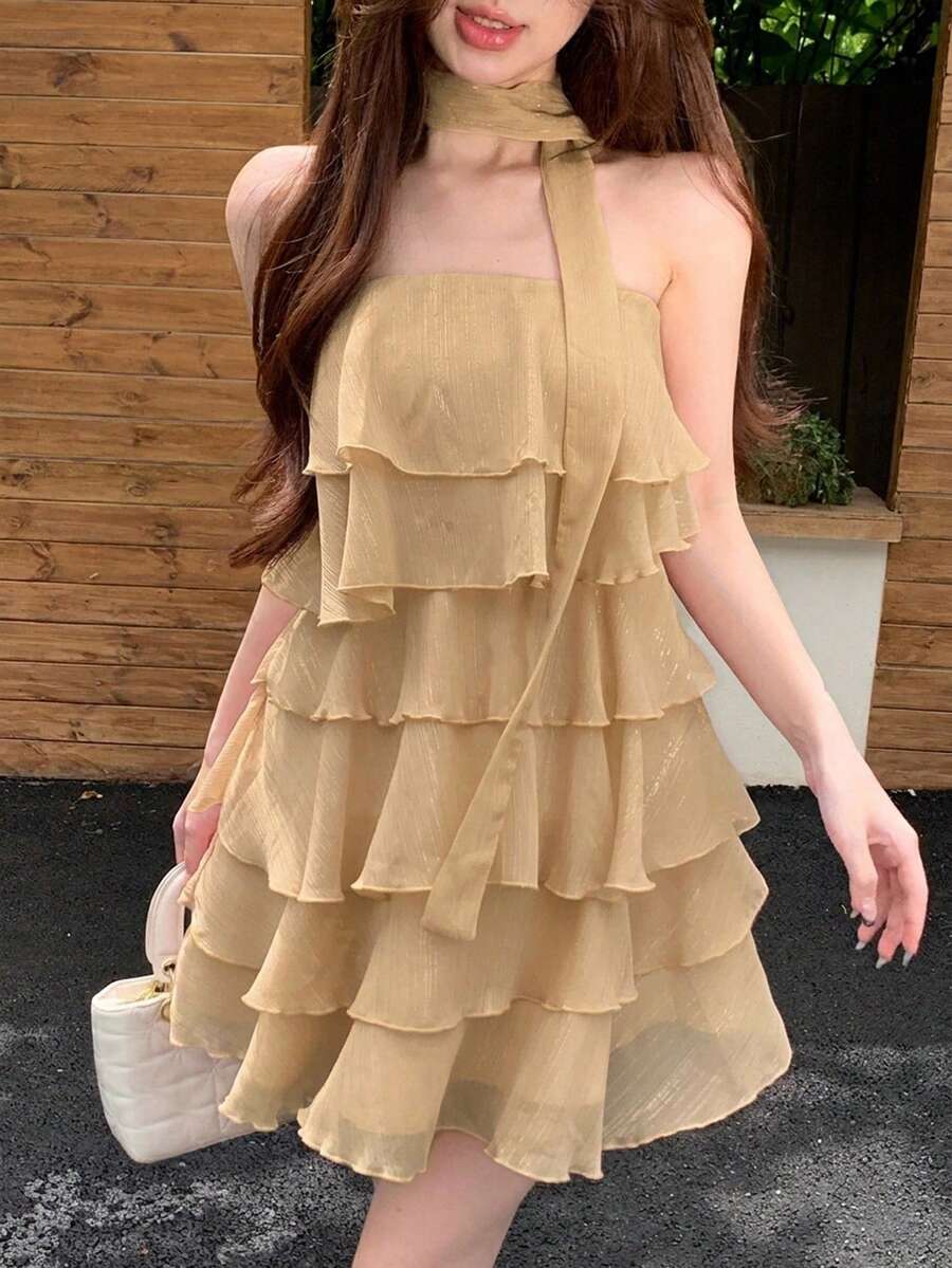 Joudiya 夏季無肩帶上衣式迷你洋裝,休閒音樂節、婚禮、派對、舞會適用,優雅荷葉邊雪紡女款洋裝 - 杏色 - 查看 1