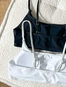 Swim Basics 女款素色可調節細肩帶極簡比基尼上衣 - 黑與白 - 查看 5