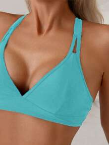 SHEIN Swim 女款純色交叉後綁帶極簡休閒比基尼上衣 - 薄荷藍 - 查看 5