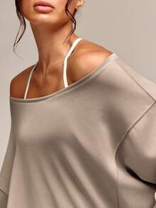 GLOWMODE Modal Soft Oversized Off-Shoulder Sweatshirt Daily Casual  Spring Summer - Khaki - View 4
