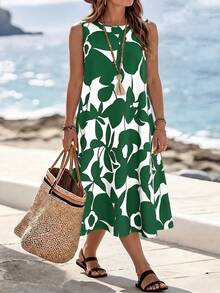 SHEIN LUNE CURVE Plus Size Women Vacation Floral Print Contrast Color Sleeveless Dress, Beach - Dark Green - View 7