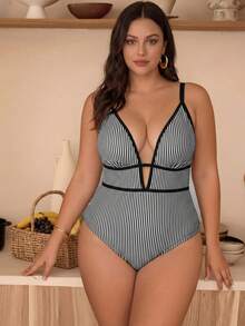 Swim Chiccia Plus Size Women's Vertical Stripe Print Vacation Beach One-Piece Swimsuit - Multicolor - View 3