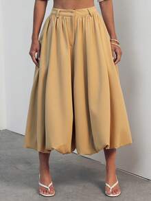 Hauture Pantalones de mujer sexy casuales de oficina de tela tejida lisa con cintura alta y forma de globo tipo burbuja - Caqui - Ver 1