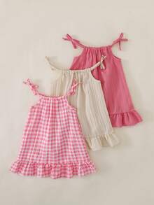 SHEIN Playful Pals 3 件套女童夏季连衣裙套装，包括纯色和条纹吊带裙，带蝴蝶结装饰，适合日常休闲穿着 - 彩色 - 查看 2
