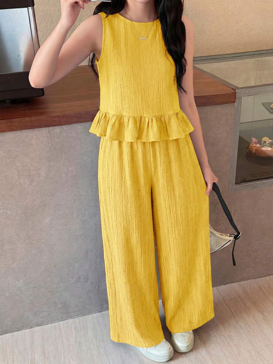 SHEIN 少女黄色纹理编织无袖上衣搭配直筒裤,休闲度假套装,适合假日、派对、优雅场合、返校季、可爱风、春季野餐、日常穿着。 - 黃色 - 查看 1