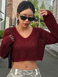 DAZY 大尺碼女款純色V領休閒百搭日常穿著長袖針織衫夏季款 - 酒紅色 - 查看 1
