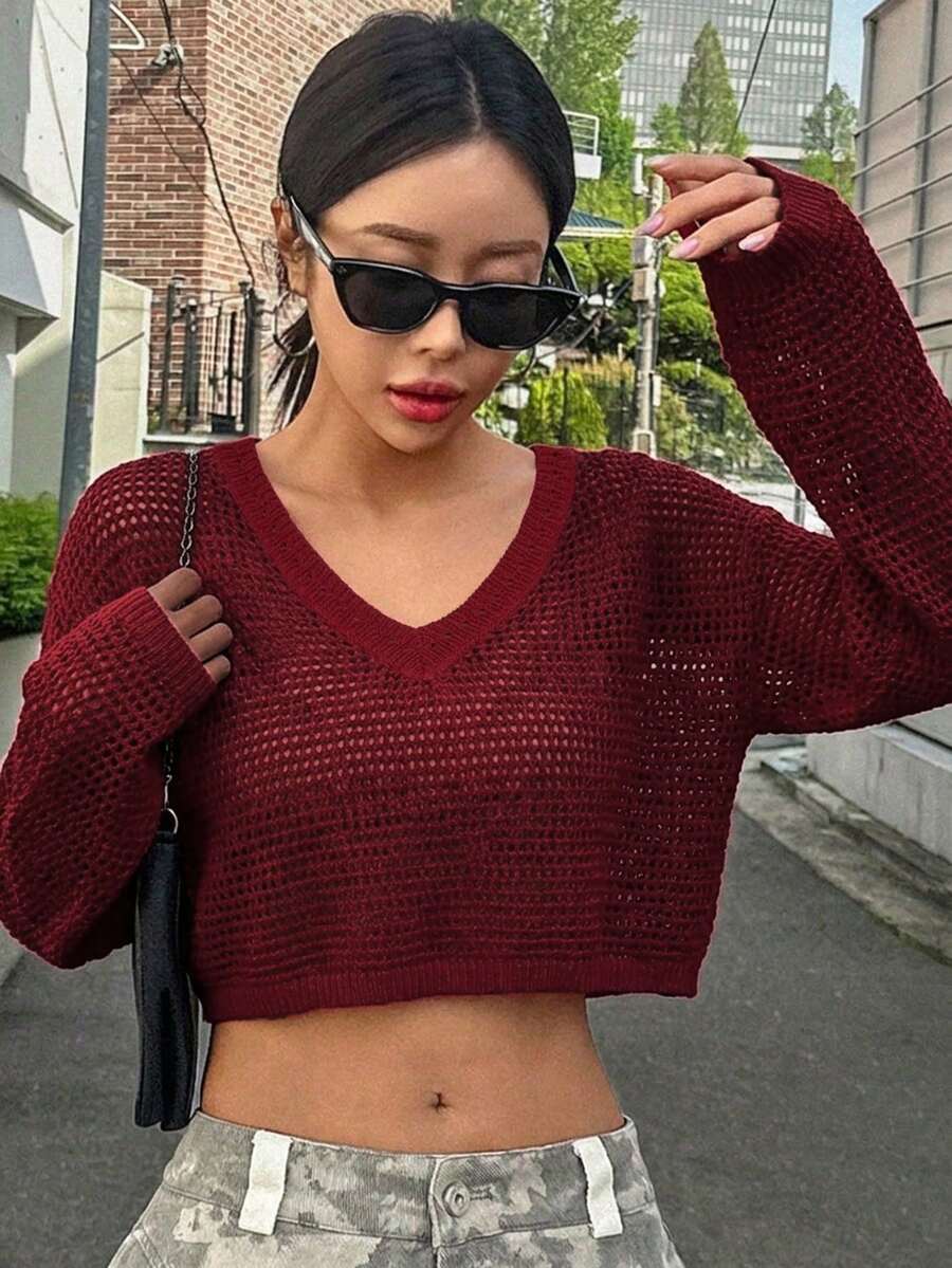 DAZY 大尺碼女款純色V領休閒百搭日常穿著長袖針織衫夏季款 - 酒紅色 - 查看 1
