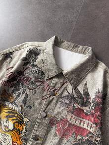ROMWE MEN Men's Tiger Pattern Single-Breasted Casual Versatile Daily Denim Jacket - Grey - View 3