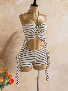 Soleia New Vacation Blue & White Striped Camisole Top And Mini Skirt Set, Summer, Spring, Vacation, Beach, Outing, Striped Two Pieces Set, Women's Vacation Two Pieces Set, Summer Two Pieces Set, Red & White Swimsuit, Swimwear Two Pieces Set, Party Outfit, Ruffle - Coffee Brown - View 10