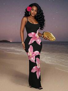 Slaydiva Plus Size Women's Floral Print Elegant Waist-Defining Vacation Date Vacation Wedding Guest Vacation Vacation Cami Dress Pink Floral Summer - White - View 1