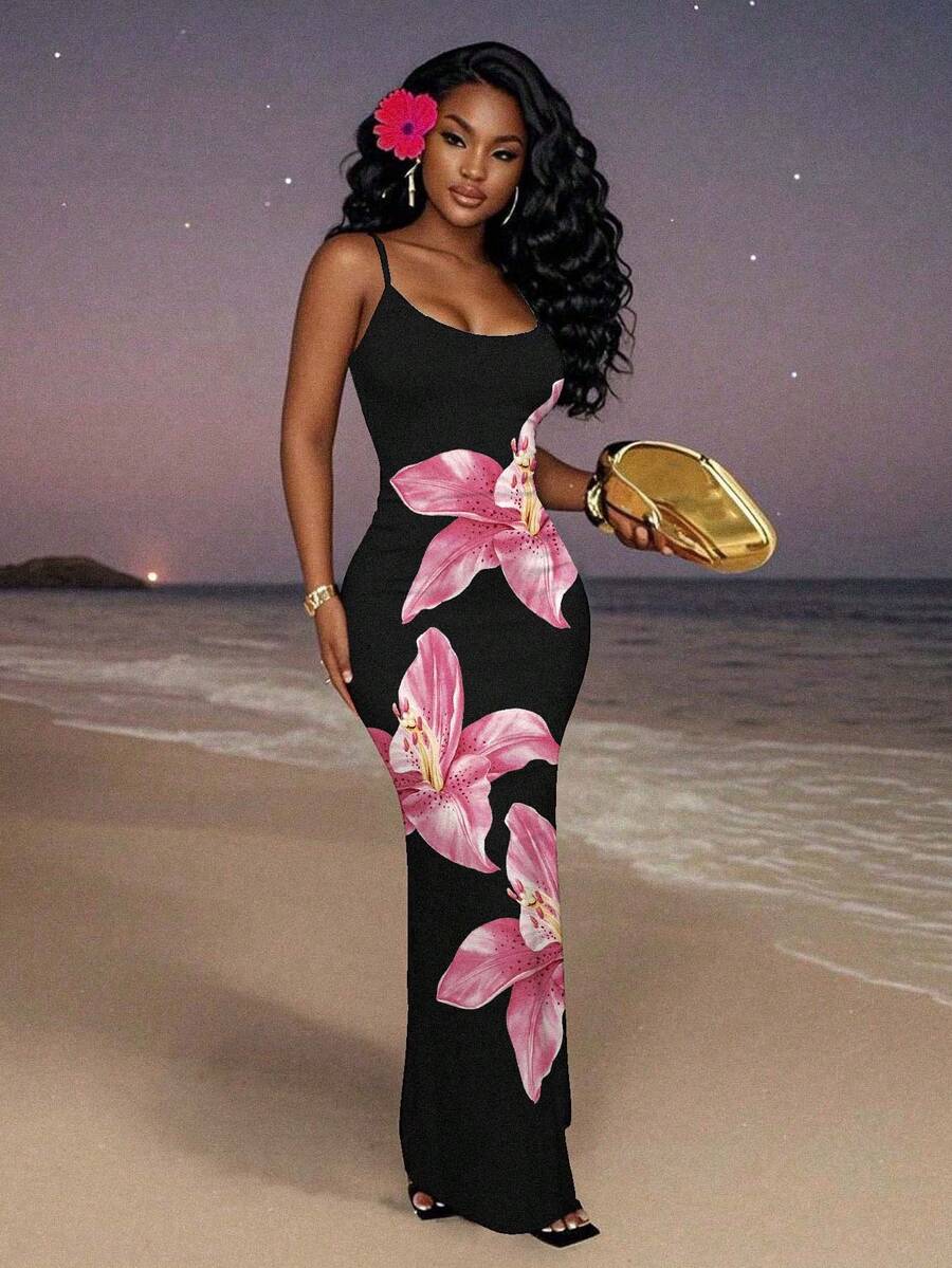 Slaydiva Plus Size Women's Floral Print Elegant Waist-Defining Vacation Date Vacation Wedding Guest Vacation Vacation Cami Dress Pink Floral Summer - White - View 1