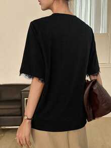 DAZY Women's Summer Round Neck Short Sleeve Lace Patchwork Casual Pullover T-Shirt - Black - View 4