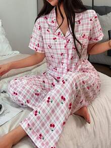 Napfluff 甜美櫻桃印花翻領睡衣套裝，清新格紋舒適居家服 2 件組 - 粉色 - 查看 1