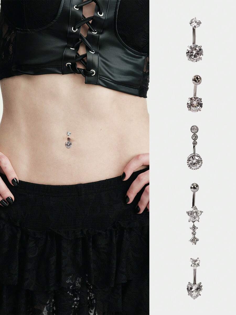 MortiRose 5 pièces Ensembles de bijoux de piercing de corps pour femmes, anneaux de nombril floral cœur sexy de luxe en zircone - Argent - Voir 1