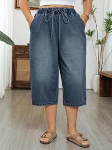 EMERY ROSE Plus Size Drawstring Tie Pocket Slit Straight Leg Ankle Pants Formal Vacation Blue Summer Casual Traditional - Blue - View 3