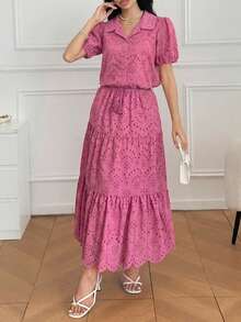 DAZY Conjunto de 2 piezas para mujer primavera verano otoño: Blusa de algodón bordada con mangas cortas abullonadas y cuello, con falda larga de volantes en capas - Rosa Fucsia - Ver 5