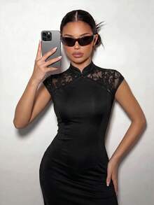 SHEIN ICON 女款素色對比蕾絲短袖修身優雅迷你洋裝 - 黑色 - 查看 6