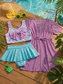 SHEIN Kids Young Girl Fish Scale Print Bow Decor Bikini And Triangle Bottom Two-Piece Swimsuit Set With Cover-Up Dress Baby Yellow Summer - Multicolor - View 3