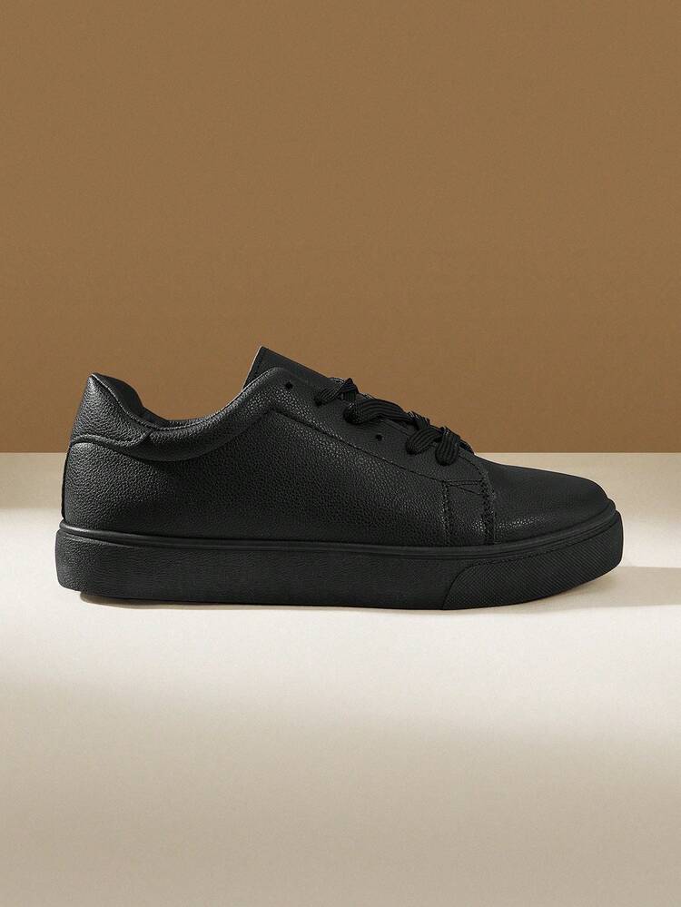 CUCCOO EASI Women's Lace-Up Color Matching Round Toe Thick Flat Bottom Casual Sports Shoes Casual Simple PU Leather Black Casual Sports Shoes Daily Casual Outdoor