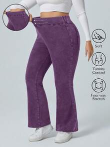 Flexra Plus Size Solid Color Elastic Waist Stretchy Knit Casual Wide Leg Flare Jeans - Purple - View 1