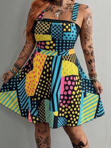 Whyspr Plus Size Women's Multi-Color Patterned Strappy Backless Fashion Dress - Multicolor - View 3