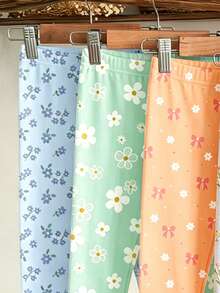 SHEIN [隨機4件，發送3件]旋轉進入春夏，多巴胺奶油春夏配色，波希米亞花卉、雛菊、植物、蝴蝶結系列，女嬰可愛舒適休閒彈性內搭褲 - 彩色 - 查看 5