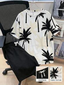 SHEIN 2件組青少年男孩熱帶印花T恤與抽繩腰短褲，夏季度假假期棕櫚樹印花2件式夏季套裝男孩穿搭 - 黑色 - 查看 3