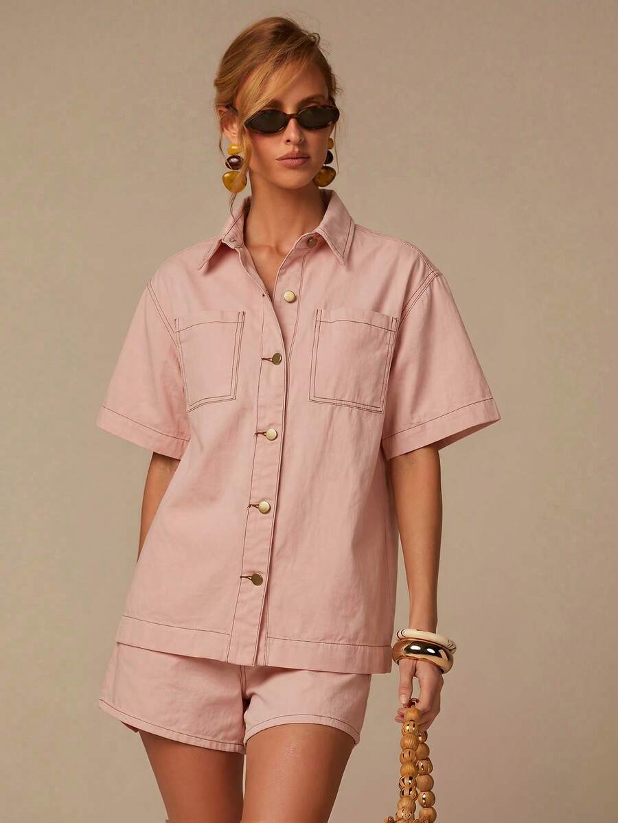 COSMINA Denim 女款素色短袖單排扣襯衫與短褲休閒牛仔套裝,口袋設計,日常優雅牛仔套裝,白色牛仔套裝,適合日常出遊、度假穿搭,寬鬆版型,日常休閒牛仔套裝 - 粉色 - 查看 1