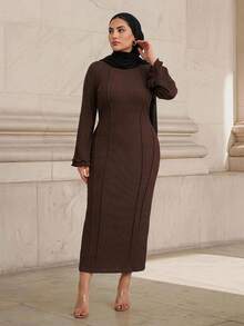 Graceveil Plus Size Solid Color Knit Textured Round Neck Flare Sleeve Fitted Midi Dress, Spring/Autumn Elegant Brown - Brown - View 1