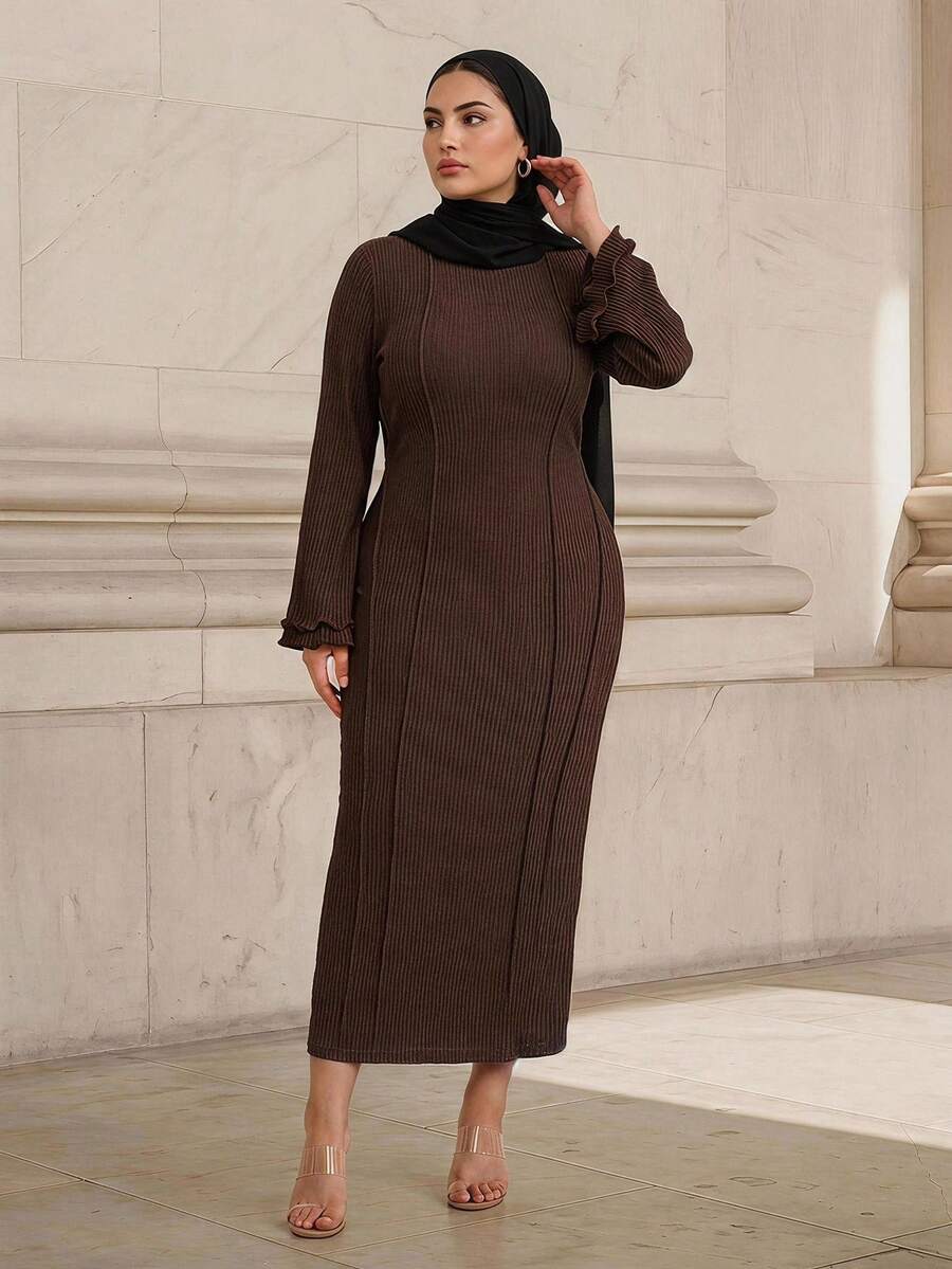 Graceveil Plus Size Solid Color Knit Textured Round Neck Flare Sleeve Fitted Midi Dress, Spring/Autumn Elegant Brown - Brown - View 1