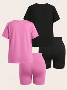 SHEIN EZwear 粉色大尺碼純色套裝 2件短袖上衣 + 2件及膝長褲 4件組 - 粉色 - 查看 2