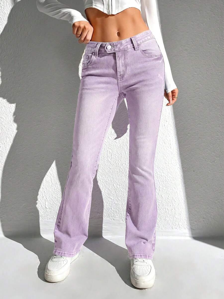 SHEIN ICON 女款口袋鈕扣休閒百搭日常旅行牛仔長褲 - 紫色 - 查看 1