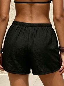 Swim Vcay Pantalones cortos sueltos negros para mujer con diseños florales bordados, ropa casual de vacaciones, primavera/verano - Negro - Ver 2